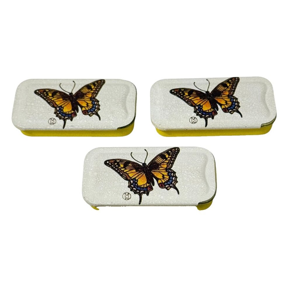3 Potpourri Press Butterfly Metal Tin Trinket Pill Boxes Yellow Country Vintage